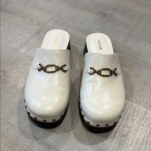 Larroude Cream Mules with Gold Detail